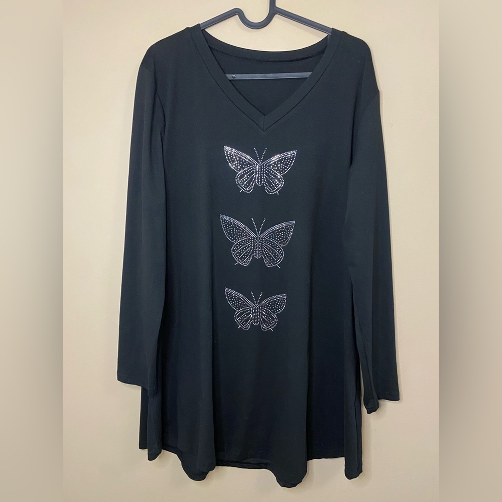 NWOT Black Dress Tunic Butterfly Rhinestones Long Sleeve